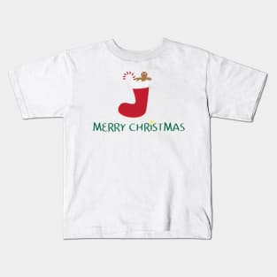 Merry Christmas logo with Red sock, gingerbread cookie, Red and white striped candy and Yellow star on white background Kids T-Shirt